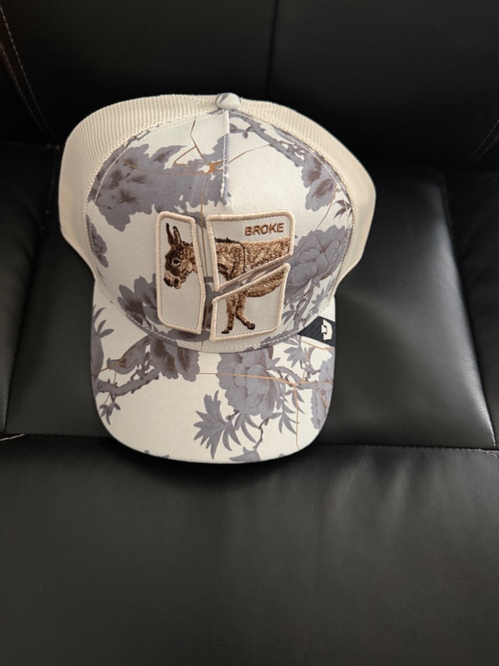 Floral Patch Trucker Hat with Donkey Patch - Beige Gray Broke